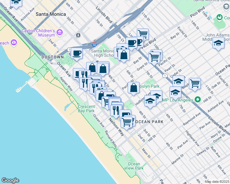 map of restaurants, bars, coffee shops, grocery stores, and more near 2021 3rd Street in Santa Monica