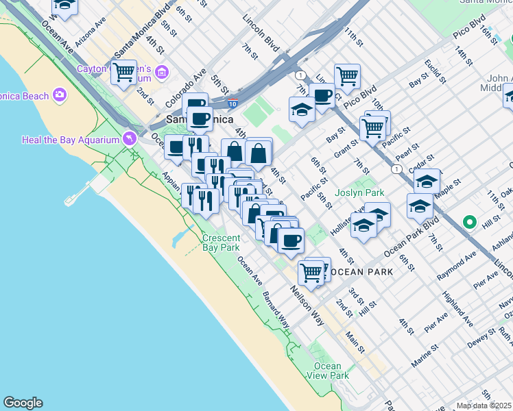 map of restaurants, bars, coffee shops, grocery stores, and more near 239 Bay Street in Santa Monica