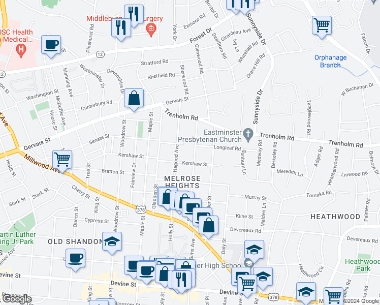 map of restaurants, bars, coffee shops, grocery stores, and more near 1500 Shirley Street in Columbia