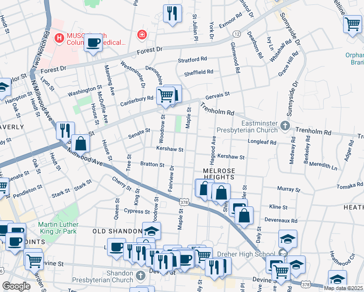 map of restaurants, bars, coffee shops, grocery stores, and more near 1418 Fairview Drive in Columbia