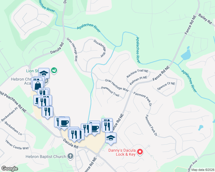 map of restaurants, bars, coffee shops, grocery stores, and more near 403 Penwood Trail in Dacula