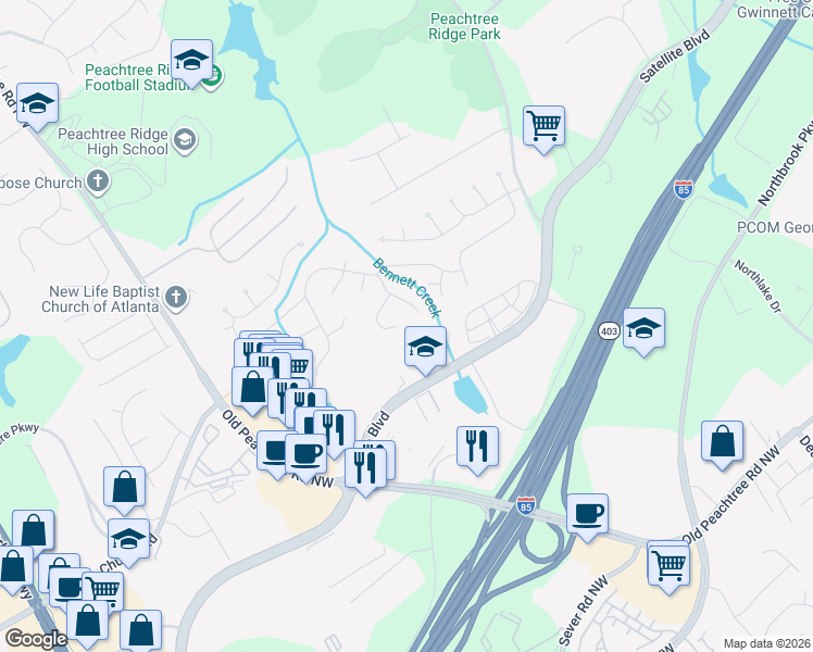 map of restaurants, bars, coffee shops, grocery stores, and more near 1587 Pulaski Court Northwest in Suwanee