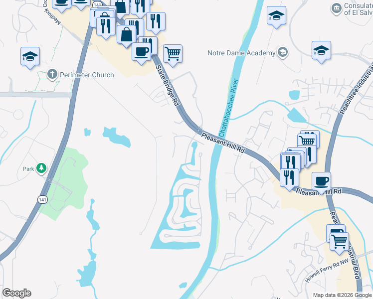 map of restaurants, bars, coffee shops, grocery stores, and more near 9340 Saint Georgen Common in Duluth