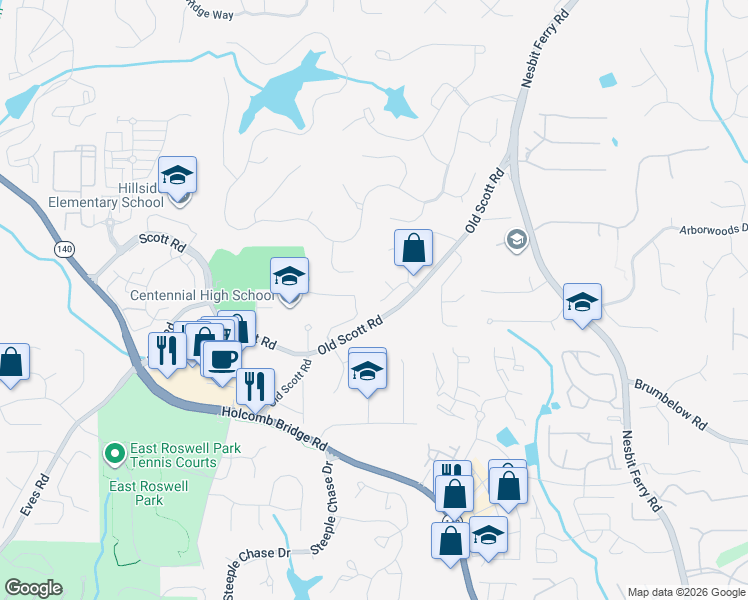 map of restaurants, bars, coffee shops, grocery stores, and more near 175 Nesbit Ridge Drive in Roswell