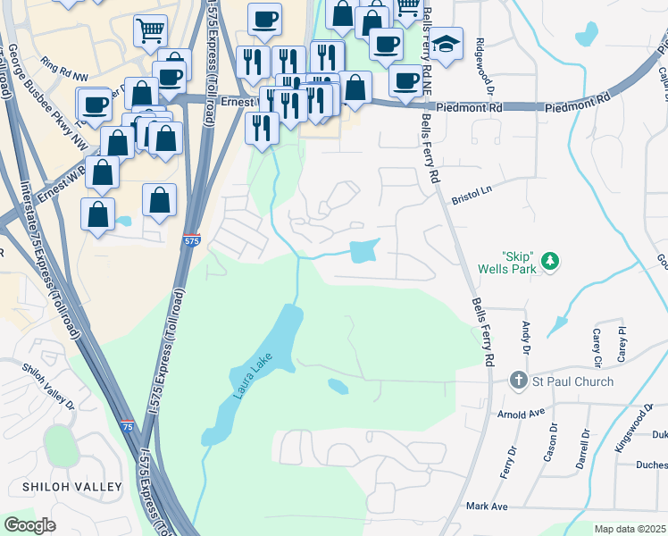 map of restaurants, bars, coffee shops, grocery stores, and more near 133 Parkstone Way in Marietta