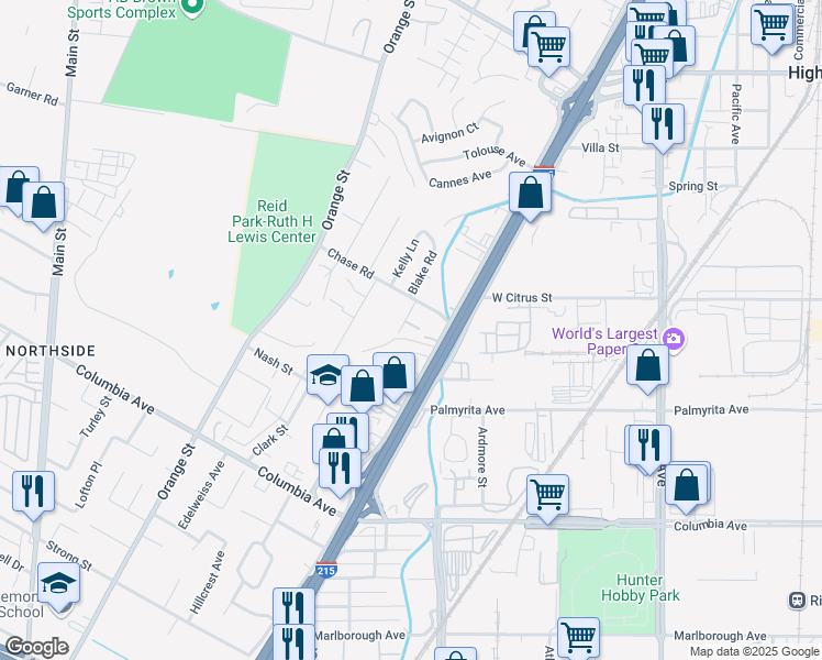 map of restaurants, bars, coffee shops, grocery stores, and more near 3232 Arta Place in Riverside