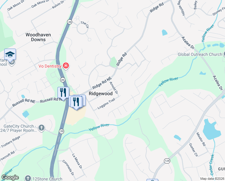 map of restaurants, bars, coffee shops, grocery stores, and more near 1467 Arnold Drive in Lawrenceville