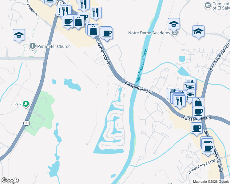 map of restaurants, bars, coffee shops, grocery stores, and more near 9340 Saint Georgen Common in Duluth