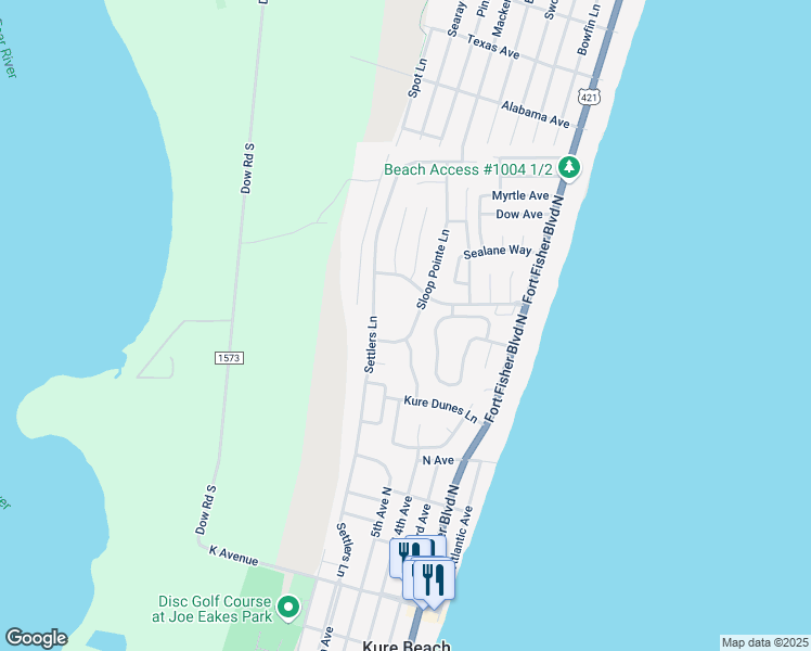 map of restaurants, bars, coffee shops, grocery stores, and more near 617 Sloop Pointe Lane in Kure Beach