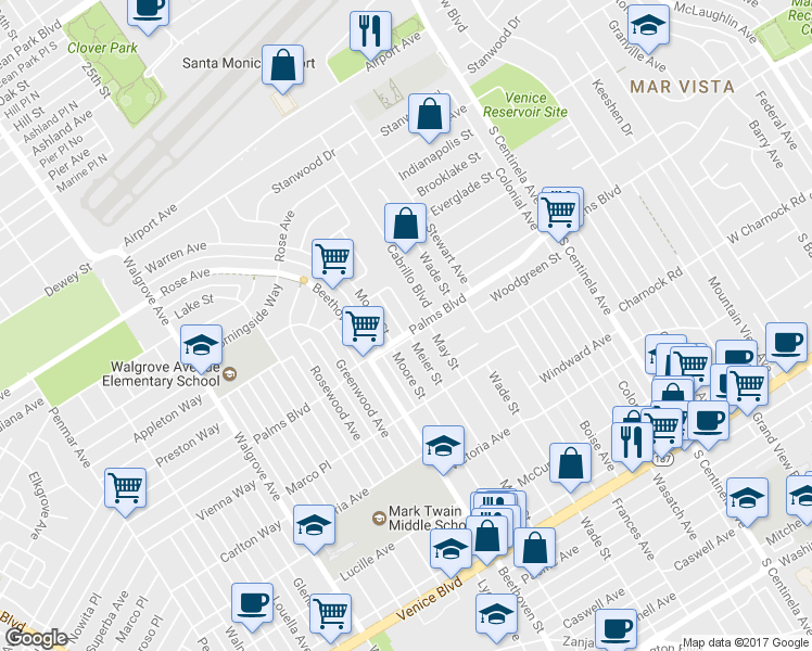 map of restaurants, bars, coffee shops, grocery stores, and more near 3493 Meier Street in Los Angeles