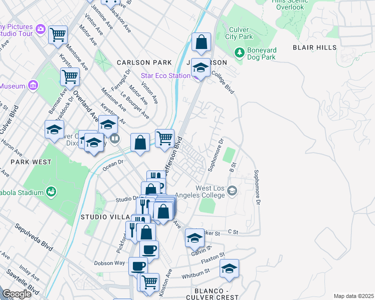 map of restaurants, bars, coffee shops, grocery stores, and more near 4804 Hollow Corner Road in Culver City