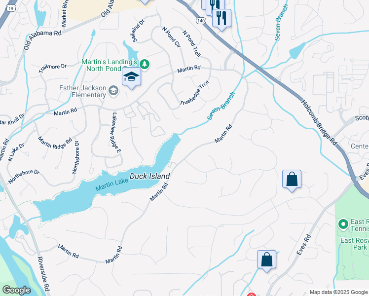 map of restaurants, bars, coffee shops, grocery stores, and more near 9295 Martin Road in Roswell