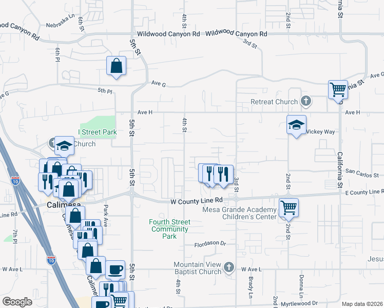 map of restaurants, bars, coffee shops, grocery stores, and more near 13561 4th Street in Yucaipa
