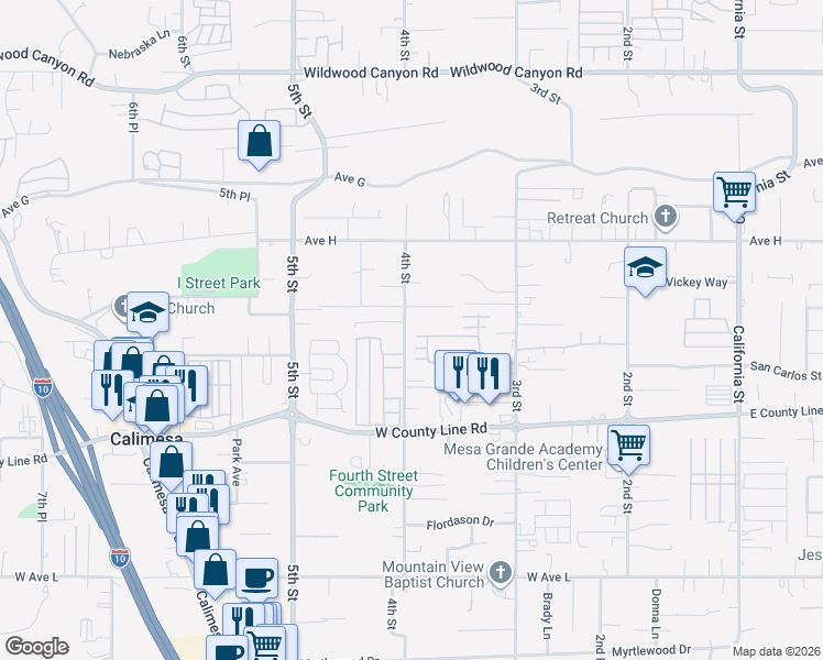 map of restaurants, bars, coffee shops, grocery stores, and more near 13561 4th Street in Yucaipa