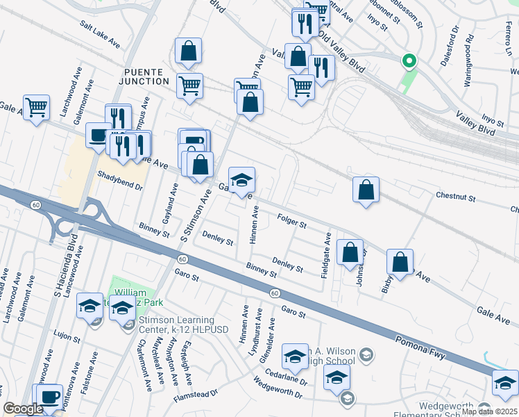 map of restaurants, bars, coffee shops, grocery stores, and more near 1158 Hinnen Avenue in Hacienda Heights