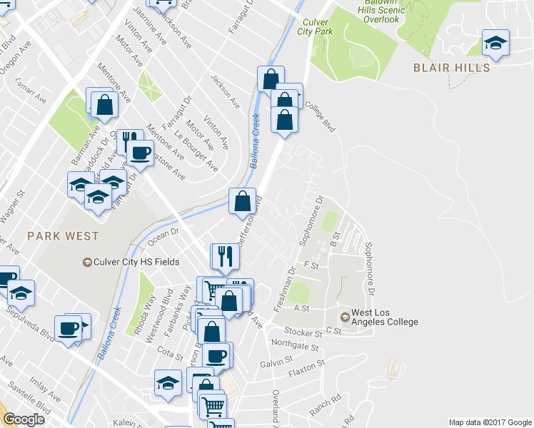 map of restaurants, bars, coffee shops, grocery stores, and more near 7212 Raintree Circle in Culver City