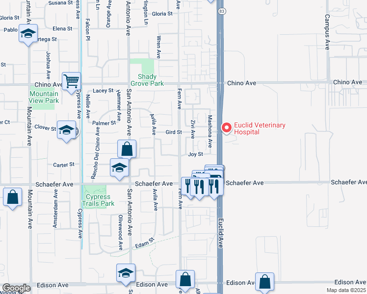 map of restaurants, bars, coffee shops, grocery stores, and more near 13562 Gold Medal Avenue in Chino