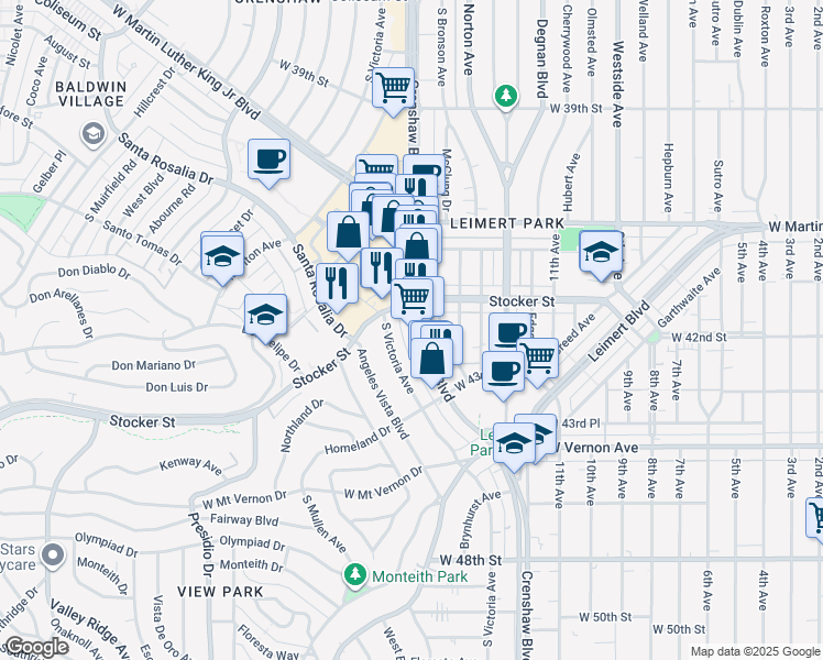 map of restaurants, bars, coffee shops, grocery stores, and more near 4225 Crenshaw Boulevard in Los Angeles