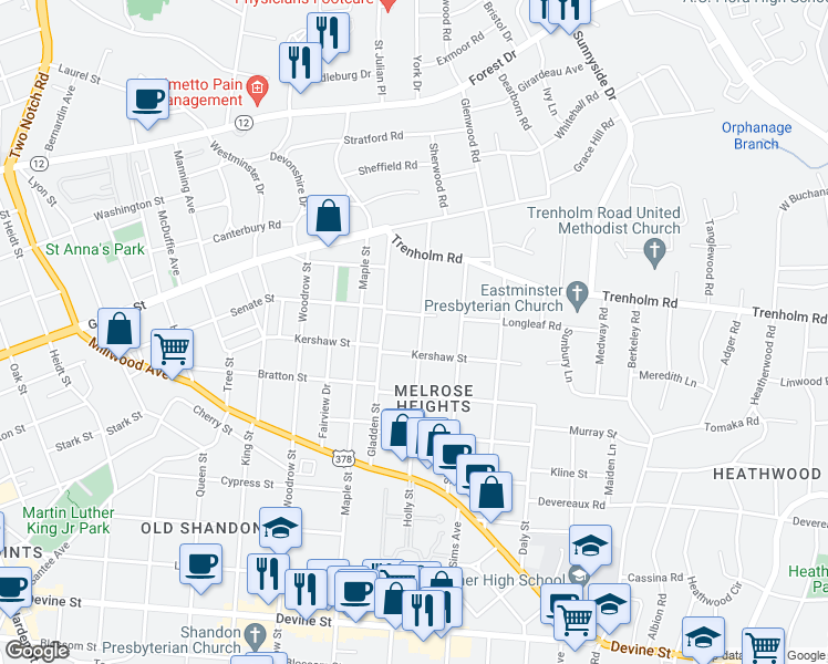 map of restaurants, bars, coffee shops, grocery stores, and more near 1409 Hagood Avenue in Columbia