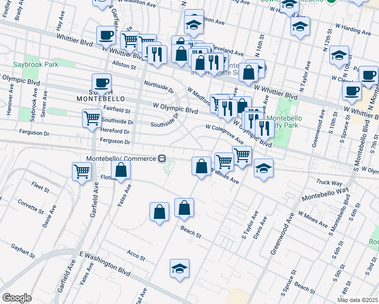 map of restaurants, bars, coffee shops, grocery stores, and more near 1824 Ferguson Drive in Montebello