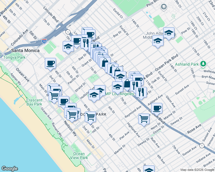 map of restaurants, bars, coffee shops, grocery stores, and more near 701 Pine Street in Santa Monica