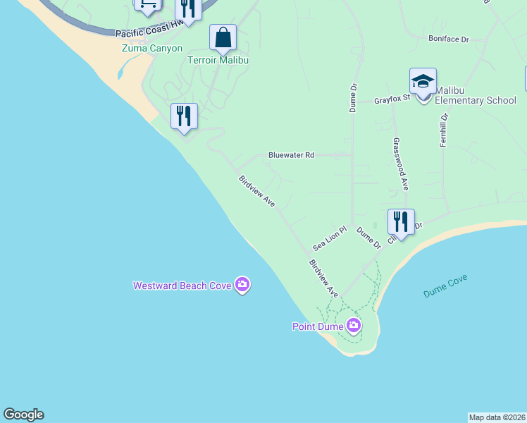 map of restaurants, bars, coffee shops, grocery stores, and more near 7133 Birdview Avenue in Malibu