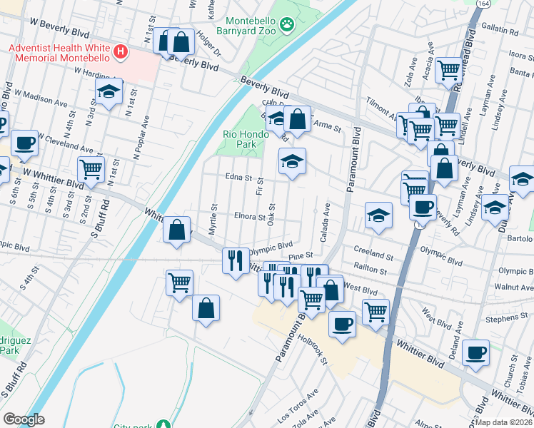 map of restaurants, bars, coffee shops, grocery stores, and more near 4734 Oak Street in Pico Rivera