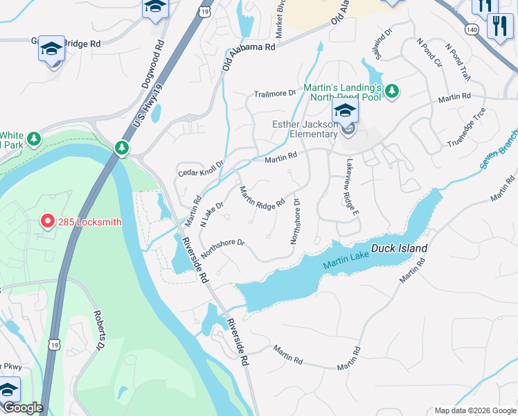 map of restaurants, bars, coffee shops, grocery stores, and more near 1070 Martin Ridge Road in Roswell