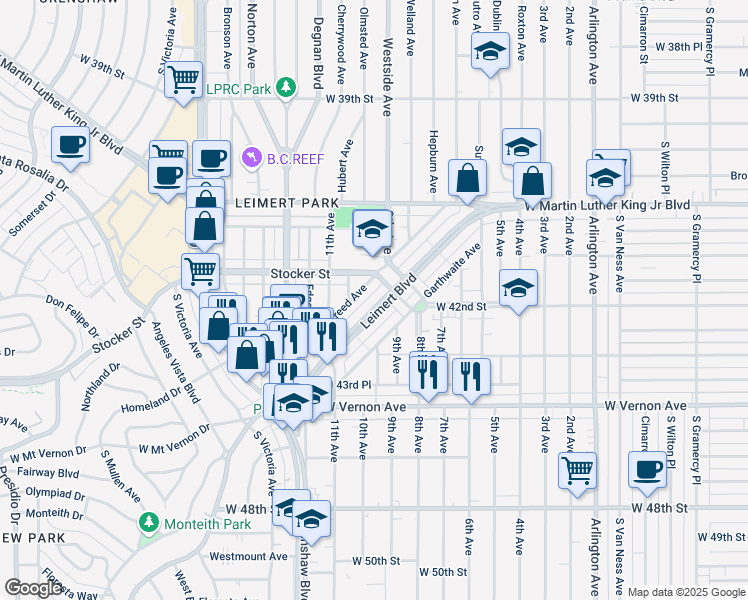 map of restaurants, bars, coffee shops, grocery stores, and more near 4231 South Leimert Boulevard in Los Angeles