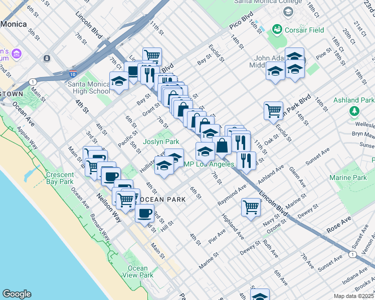 map of restaurants, bars, coffee shops, grocery stores, and more near 701 Pine Street in Santa Monica