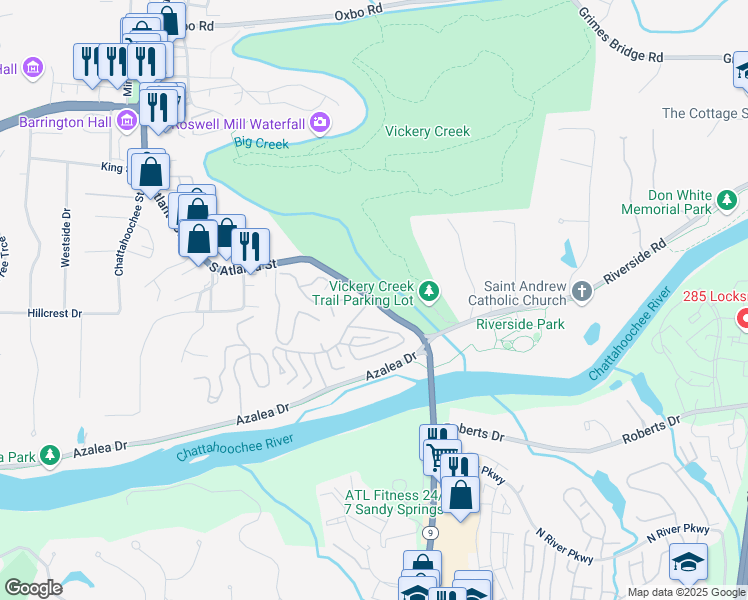 map of restaurants, bars, coffee shops, grocery stores, and more near 115 South Atlanta Street in Roswell