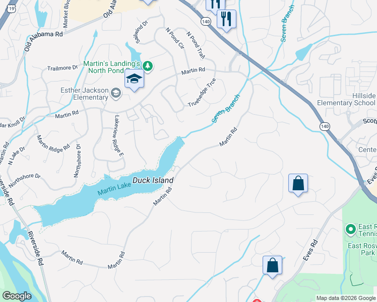 map of restaurants, bars, coffee shops, grocery stores, and more near 9295 Martin Road in Roswell