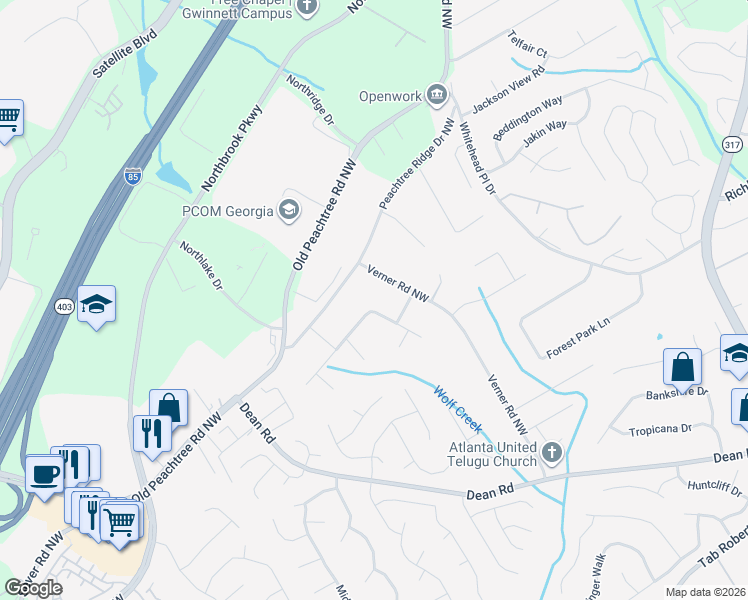 map of restaurants, bars, coffee shops, grocery stores, and more near 939 Falcon Crest Drive in Lawrenceville
