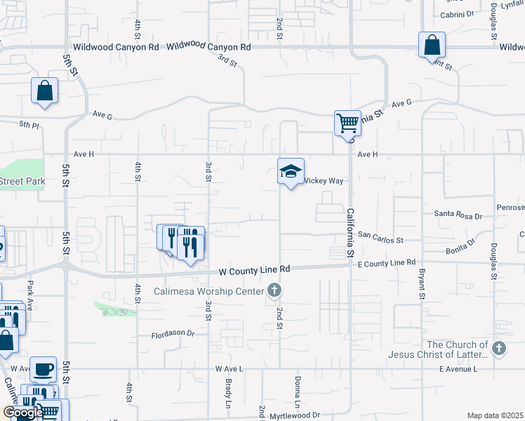 map of restaurants, bars, coffee shops, grocery stores, and more near 34836 Tara Lane in Yucaipa
