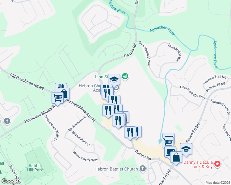 map of restaurants, bars, coffee shops, grocery stores, and more near 775 Dacula Road in Dacula