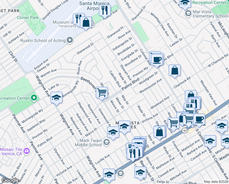 map of restaurants, bars, coffee shops, grocery stores, and more near 3493 Meier Street in Los Angeles