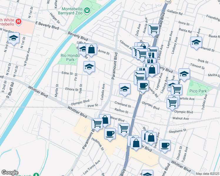 map of restaurants, bars, coffee shops, grocery stores, and more near 8630 Elba Street in Pico Rivera