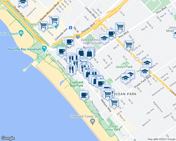 map of restaurants, bars, coffee shops, grocery stores, and more near 220 Bay Street in Santa Monica