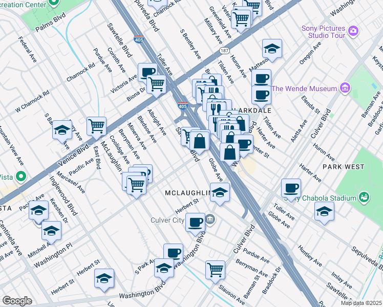 map of restaurants, bars, coffee shops, grocery stores, and more near 3987 Sawtelle Boulevard in Los Angeles