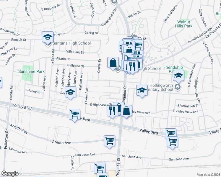 map of restaurants, bars, coffee shops, grocery stores, and more near 18883 Damasco Street in West Covina