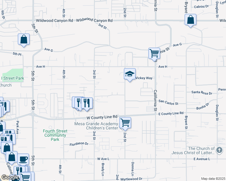 map of restaurants, bars, coffee shops, grocery stores, and more near 34814 Tara Lane in Yucaipa
