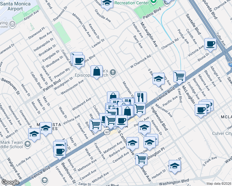 map of restaurants, bars, coffee shops, grocery stores, and more near 3631 Grand View Boulevard in Los Angeles