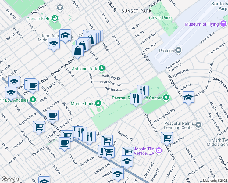map of restaurants, bars, coffee shops, grocery stores, and more near 3117 17th Street in Santa Monica