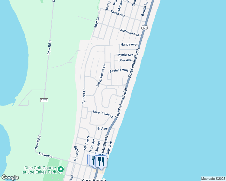 map of restaurants, bars, coffee shops, grocery stores, and more near 289 Seawatch Way in Kure Beach