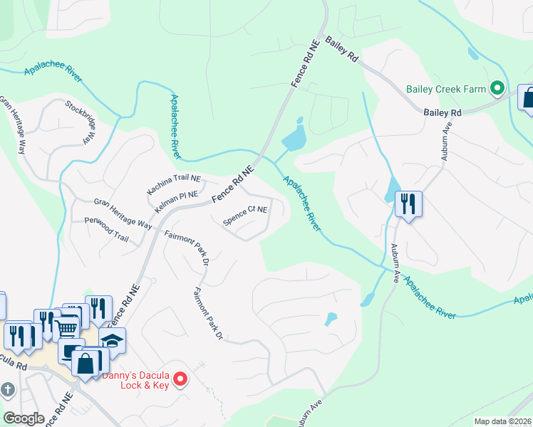 map of restaurants, bars, coffee shops, grocery stores, and more near 2860 Austin Ridge Drive Northeast in Dacula