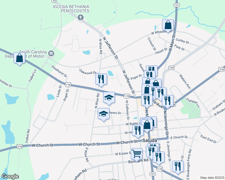 map of restaurants, bars, coffee shops, grocery stores, and more near 212 Greenwood Highway in Saluda