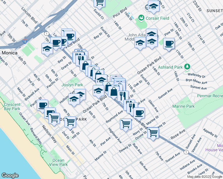 map of restaurants, bars, coffee shops, grocery stores, and more near 819 Ocean Park Boulevard in Santa Monica