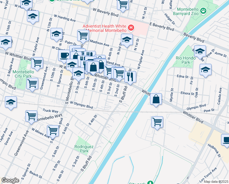 map of restaurants, bars, coffee shops, grocery stores, and more near 201 West Whittier Boulevard in Montebello