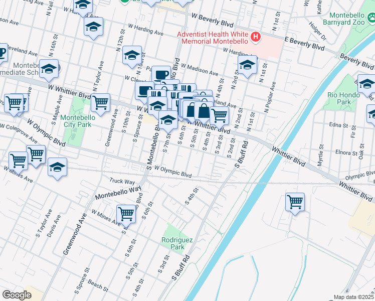 map of restaurants, bars, coffee shops, grocery stores, and more near 145 South 5th Street in Montebello