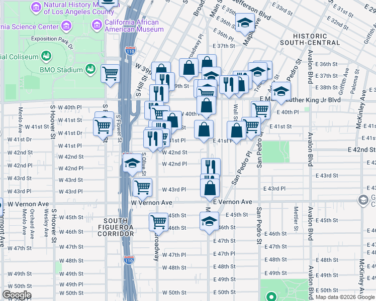 map of restaurants, bars, coffee shops, grocery stores, and more near 138 West 41st Place in Los Angeles